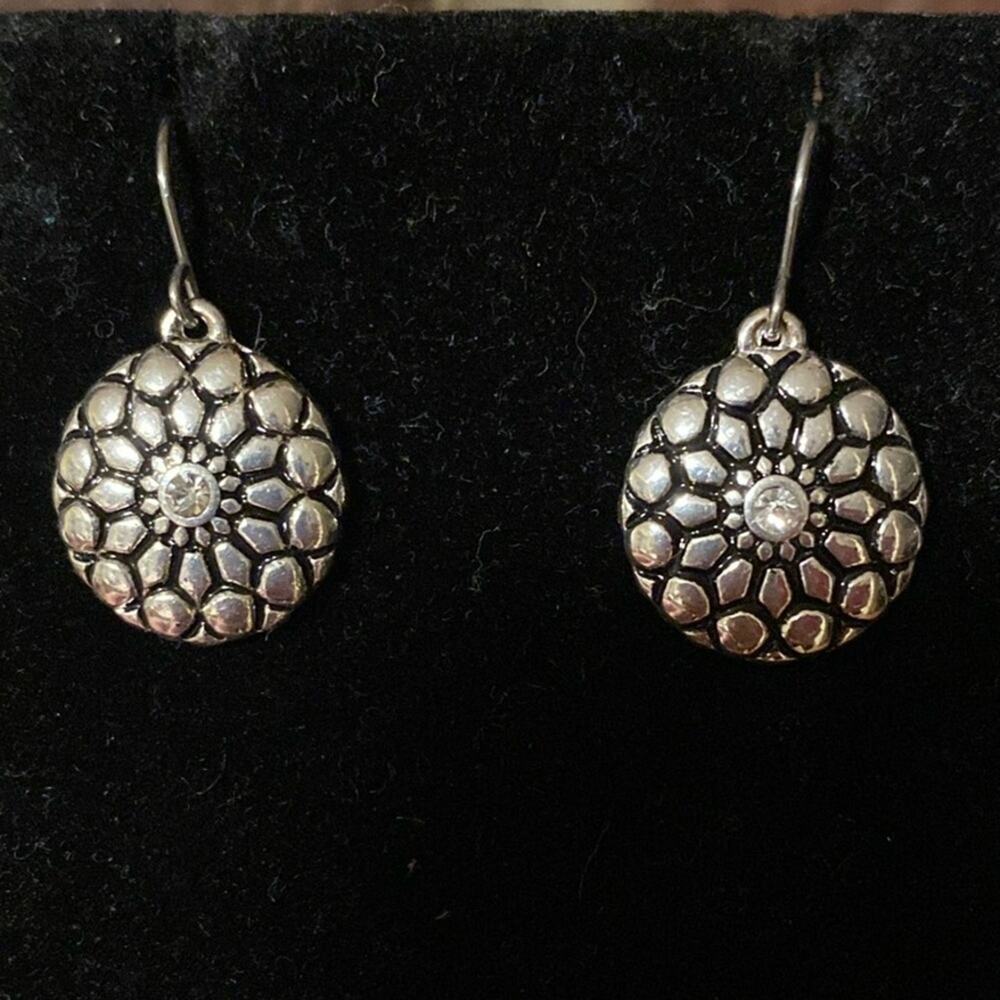 Silver‎ and crystal medallion disc dangle wire earrings